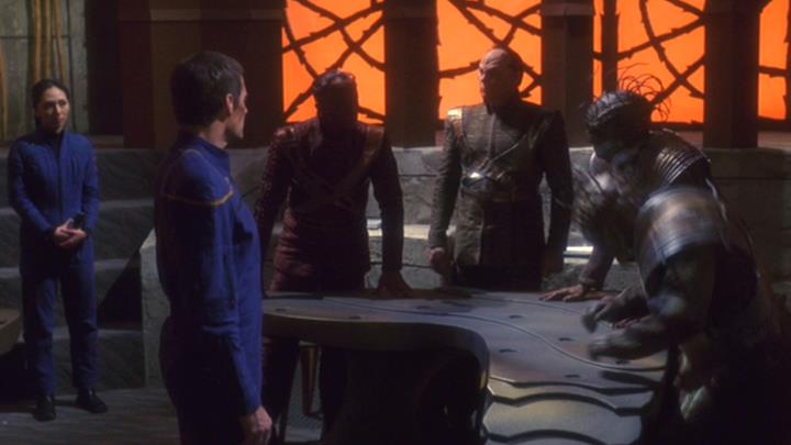Archer and Sato meet with the Xindi Council