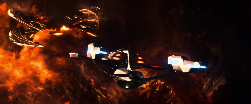 The U.S.S. <i>Titan</i> fires on The <i>Shrike</i>